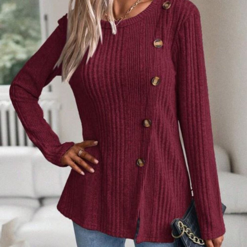 Women's Color Block Long Sleeve Tee With Buttons Burgundy